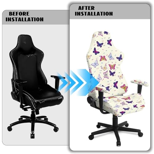 Suobstales Colorful Butterfly Pattern Ergonomic Office Computer Game Chair Slipcovers with Armrest Cover, Stretchy Polyester Covers for Reclining Racing Gaming Chair - color: Colorful Butterfly