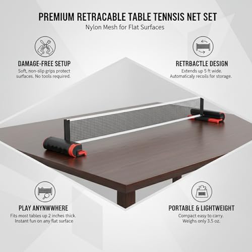 Retractable Table Tennis Net Set, Portable Nylon Ping Pong Net for Flat Surfaces, Damage-Free Setup - color: Black