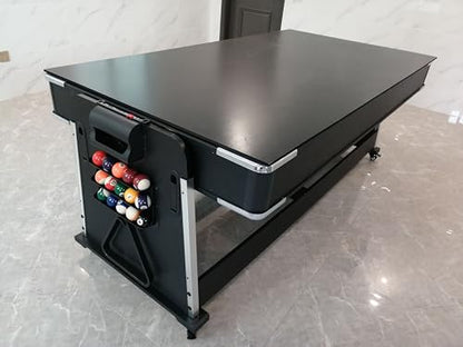3-in-1 Convertible Pool Table, 7 Ft, Black, Indoor Outdoor Gaming Table with Air Hockey, Table Tennis, Billiards, Portable Design with No Wheels