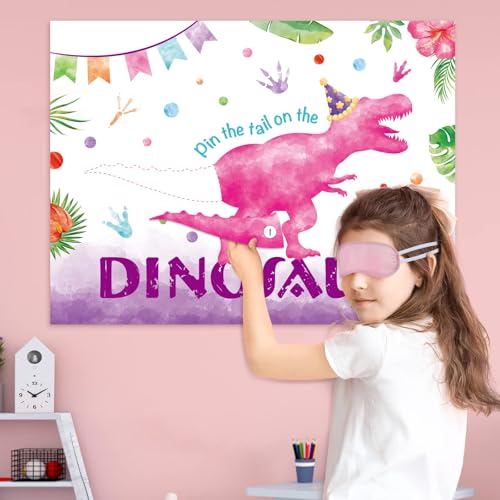 WERNNSAI Pin The Tail on The Dinosaur Game - Girl Dinosaur Party Decorations, 28" x 21" Dino Birthday Games for Kids, Includes Poster, Blindfold, 24 Pink Tails, 20 Dot Stickers - style: Dinosaur F