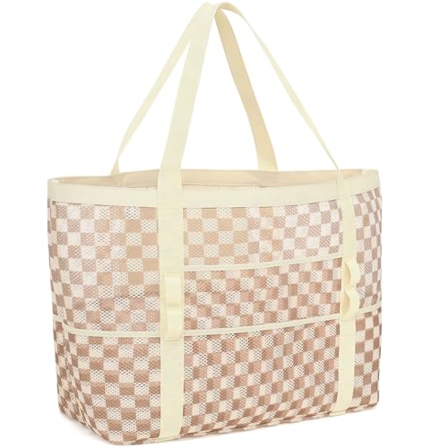 GYEUKHAM Mesh Beach Bag for Women, Sand-Resistant Pool Tote, 9 Pockets (1 Inner Zip), Foldable Family Travel Essentials - color: L-checkered Khaki