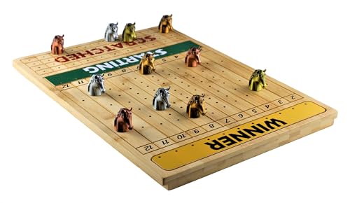 Metal Horse Race Board Game Set with Horse Racing Thick & Solid Wood Game Board(16”/Natural),11 Luxurious with 4Antique(Gold,Silver,Red Cooper&Bronze) Metal Craft Horses, Dice&Cards (HR-M554) - color: Hr-m554