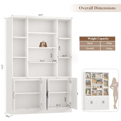 HOSTACK 72” Tall Book Shelf and Bookcase, White Bookshelf with Storage Cabinet, 45” Wide Bookcase with 4 doors, Standing Display Shelves, Modern Farmhouse Book Case for Living Room, Home Office, White - color: White