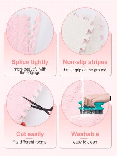 ANPHSIN 12 pcs Thickened Foam Interlocking Floor Mats, Fluffy Plush Mats for Baby with Edgings, Soft Anti-Slip Puzzle Area Rug Playmat, Square Tiles Room Flat (11.8 in, Pink) - color: Pink
