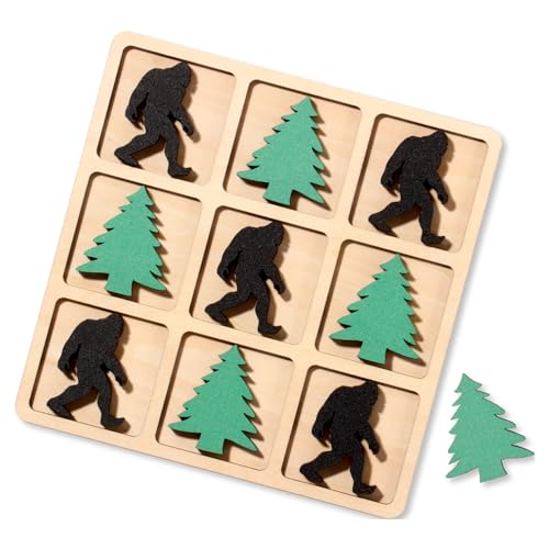 Wooden Tic Tac Toe Game, 10 Wood Pieces with Pine Tree & Bigfoot Motifs, Portable Tabletop Game for Camping, Adult Party Games, Family Game Night,Travel Games (Bigfoot)