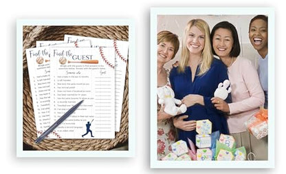 BASEBALL Baby Shower Games— FIND THE GUEST Game — Pack of 25 — Rustic Sports Blue BOY Baby Shower Activity, Icebreaker Party Game, Guess Who Came to the Party, Little Slugger Couples Shower G900-FTG