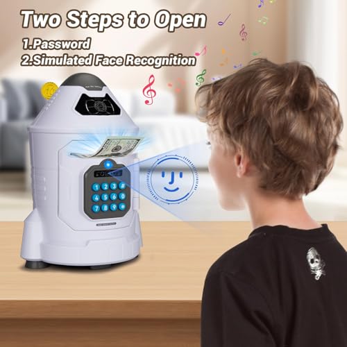 GONINO Piggy Bank for Boys, Electronic Kids Safe Money Bank with Password & Face ID Simulation, Rocket Ship ATM Piggy Bank for Real Money, Kids Bank Birthday Gifts for Boys Ages 5-12