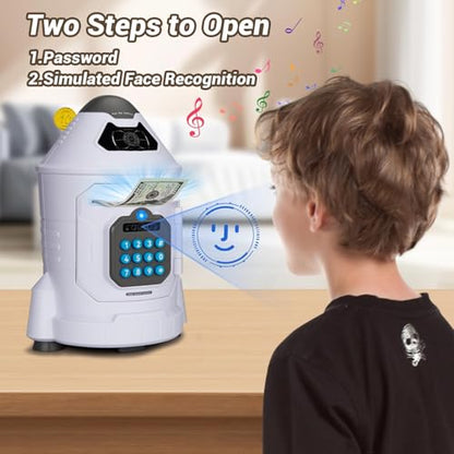GONINO Piggy Bank for Boys, Electronic Kids Safe Money Bank with Password & Face ID Simulation, Rocket Ship ATM Piggy Bank for Real Money, Kids Bank Birthday Gifts for Boys Ages 5-12