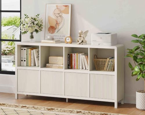 FATORRI Bookcase 8 Cube Storage Organizer, 57 Inch Horizontal Bookshelf with 4 Doors, Long Wooden Book Shelf for Home Office, Bedroom, Entryway (Antique White) - color: Antique White With 4 Doors, size: 8 cube