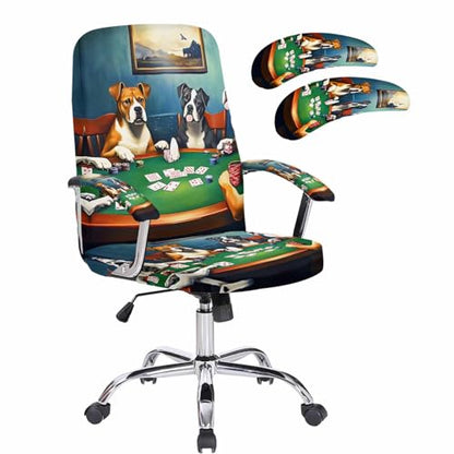 Abstract Animal Office Chair Cover with Armrest Covers, Dog in The Room Poker Games Universal Stretch Desk Rotating Chair Slipcovers, Removable Seat Protector with Zipper, S - color: Dark Green Brown, size: Small & 2PCS Armrest Covers