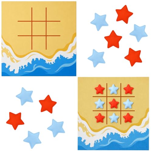 Reallnaive 2 Set Summer Tic Tac Toe Game Include 2 Pcs Beach Shaped Mats 20 Starfish Bean Bags Toss Pool Party Activities for Family Indoor Outdoor Sea Party Game - style: Summer