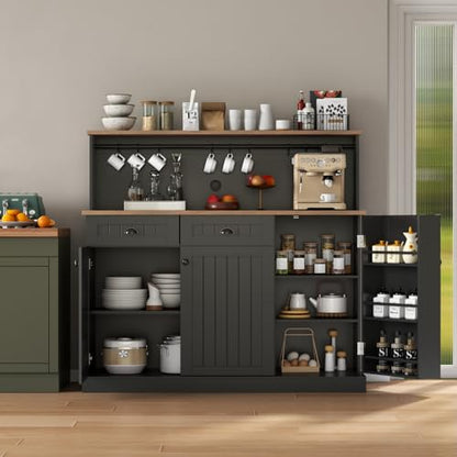 Gyfimoie Sideboard Buffet Cabinet with 2 Drawers, Farmhouse Kitchen Pantry with Adjustable Shelves, Coffee Bar Cupboard Cabinet with 3 Doors for Kitchen, Dining Room (Black) - color: Black