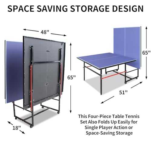 Tennis Tables, Professional Outdoor Table Tennis Tables–8Ft Mid Size Folding Rolling Ping Pong Table with Net and 4 Wheels, Single Player Playback Mode, Outdoor and Indoor Use