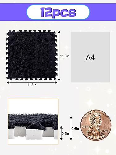 12 pcs Thickened Plush Foam Interlocking Floor Mats, Interlocking Foam Tiles with Edgings for Kids, Soft Anti-Slip Puzzle Area Square Rug Playmat for Children Room Flat (11.8", Black) - color: Black