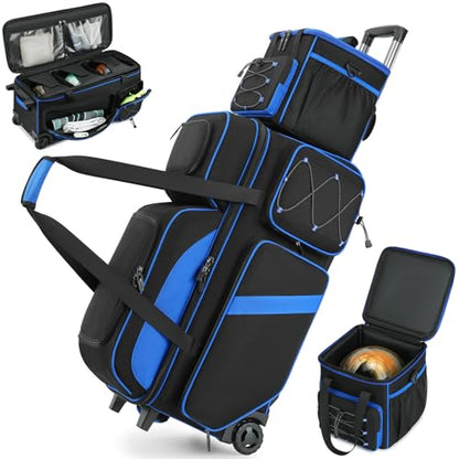 4 Ball Bowling Bag with Wheels, 3 Ball Bowling Bags Roller with 1 Ball Add On Bag, Multi-Pockets & Shoe Compartment (Fits Up to Size 16) - color: Blue