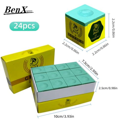 Pool Cue Chalk 24 Pack (2x12 Boxes) - Blue Billiard Chalk Cubes, High Grip Formula, Professional Tournament Grade, Mess-Free Application for Enhanced Spin & Control - style: 3A-Green
