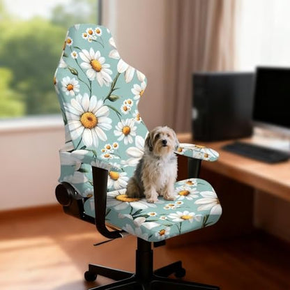 Suobstales Green Daisy Flower Pattern Stretch Gaming Chair Cover with Armrest Cover, Soft Computer Chair Cover Dust Protection Rotating Desk Chair Protector Cover for Office Computer Racing Seat - color: Green Daisy Flower