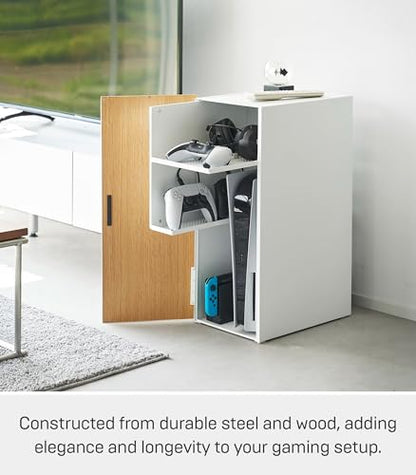 Yamazaki Home Tower Large Capacity Game Console Rack – Organize Controllers, Pull-Out Shelf, Cable Management - Steel - color: White