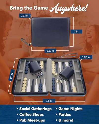 WE Games Backgammon Set, Board Games for Adults - Travel Games - Magnetic with Navy Blue Leatherette Backgammon Board and Carrying Strap - Travel Backgammon Sets for Adults - color: Navy Blue