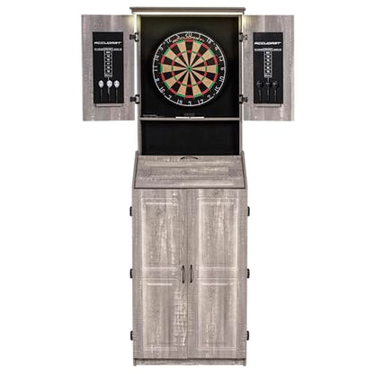 Accudart Dartboard Cabinet Set with LED Lighting – Premium Brazilian Sisal Board, Staple‑Free Razor Wire, Weathered Grey Cabinet, Built‑in Storage, Dual Chalkboards – Includes Steel‑Tip Darts
