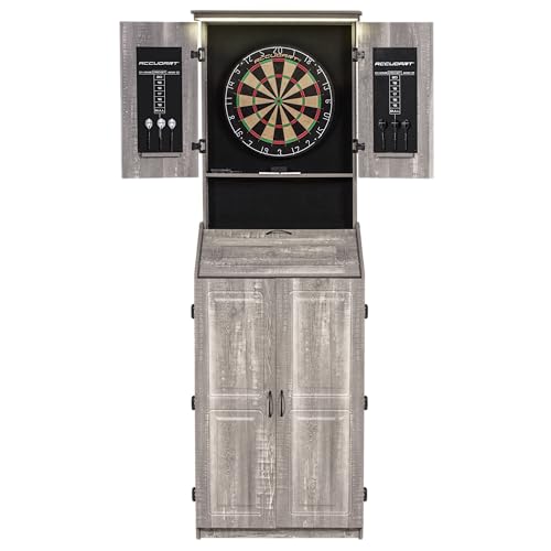 Accudart Dartboard Cabinet Set with LED Lighting – Premium Brazilian Sisal Board, Staple‑Free Razor Wire, Weathered Grey Cabinet, Built‑in Storage, Dual Chalkboards – Includes Steel‑Tip Darts