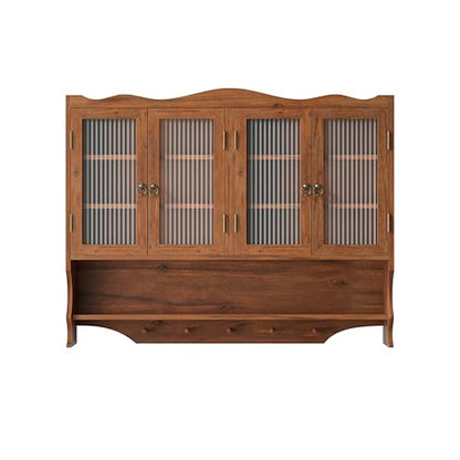 Retro Style Haze Three Glass Door Wood Wall Cabinet with Detachable Shelves for Office, Dining Room,Living Room, Kitchen and Bathroom - color: Brown(4)