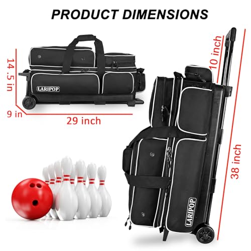LARIPOP 3 Ball Bowling Bag with Wheels and Shoe Compartment, Rolling Bowling Bag for 3 Balls, Heavy Duty Bowling Roller Bag with Retractable Handle for Men Women - color: Black