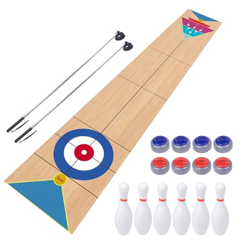 Shuffleboard, Curling and Bowling 3 in 1 Board Game Set,with 8.98 Foot Game Mat,2 Cues,8 Curling Rocks,6 Bowling Pins,Fun Family Game - size: 11.8'L