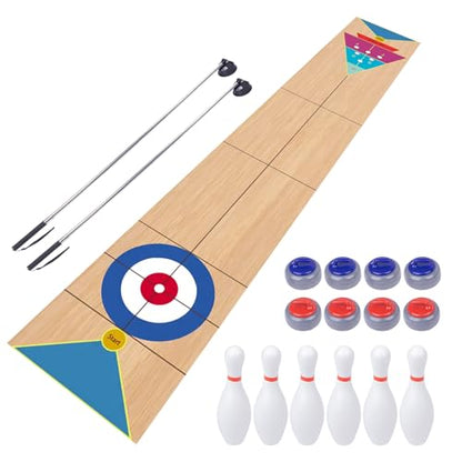 Shuffleboard, Curling and Bowling 3 in 1 Board Game Set,with 8.98 Foot Game Mat,2 Cues,8 Curling Rocks,6 Bowling Pins,Fun Family Game - size: 11.8'L