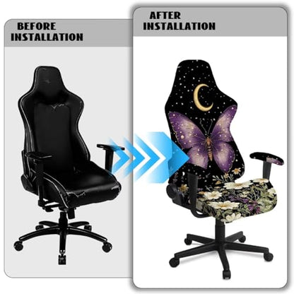 Butterfly Daisy Print Gaming Chair Covers Slipcovers 4Pcs with Armrest Cover Moon Star Print Gamer Chair Cover Set 4Pc/Set Easy to Install Home Decorations - color: Black and Multi - Butterfly Daisy Moon Star