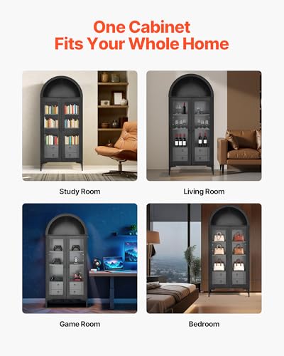 VEVOR Arched Kitchen Pantry Cabinet with Glass Doors, 70in Tall Curio Cabinet, 4-Tier Display Case with 2 Adjustable Shelves, Bookcase Bookshelf for Collectibles Storage Living Room Office - size: 70in