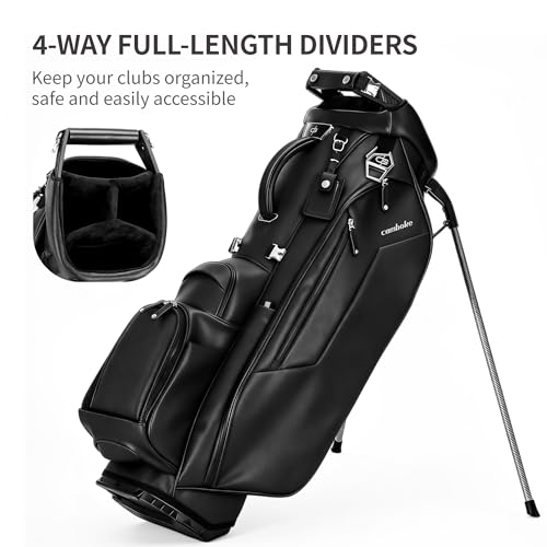 Luxury Faux Leather Golf Stand Bag, 4-Way Full-Length Divider Golf Bag with Carbon Fiber Stand, Cooler Pocket, Ergonomic Straps, Magnetic Pocket, Golf Club Bag with Rain Hood for Men/Women - color: Black