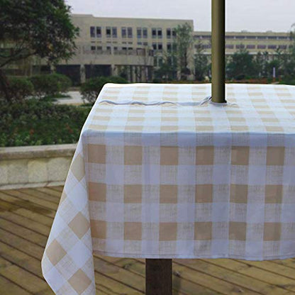Melaluxe Spring/Summer Wrinkle-Free Waterproof Outdoor Tablecloth with Umbrella Hole and Zipper, Beige Checkered, 60-Inch-by-84 Rectangle - color: Beige Checkered, size: 60" x 84" (Rectangular)