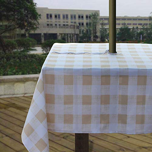 Melaluxe Spring/Summer Wrinkle-Free Waterproof Outdoor Tablecloth with Umbrella Hole and Zipper, Beige Checkered, 60-Inch-by-84 Rectangle - color: Beige Checkered, size: 60" x 84" (Rectangular)