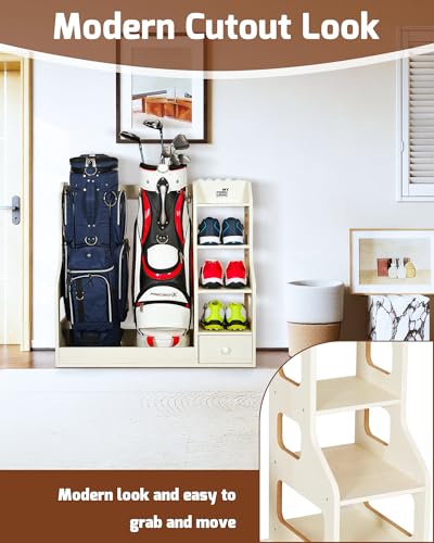 Mythinglogic Wooden Golf Bag Storage Rack, Golf Organizer with Shoe Shelves, Ball Holder & Drawer, MDF Golf Equipment Storage Cabinet for Home, Garage or Simulator Room - size: 2 golf bag rack-White