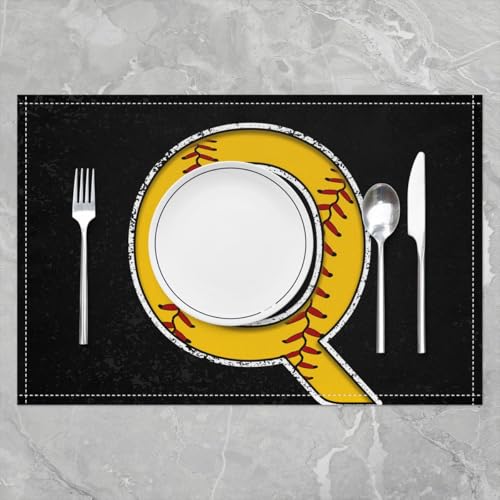 Erosebridal Initial Placemats 12x18 inch Set of 4 Boys Baseball Monogrammed Place Mats for Dining Table | Softball Sports Gaming Table Place Mats Yellow Letter Scratch Proof Placemats - color: Yellow Q