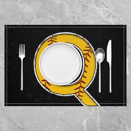 Erosebridal Initial Placemats 12x18 inch Set of 4 Boys Baseball Monogrammed Place Mats for Dining Table | Softball Sports Gaming Table Place Mats Yellow Letter Scratch Proof Placemats - color: Yellow Q