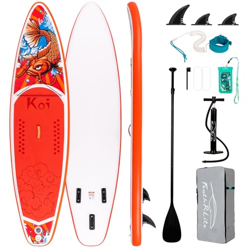 FEATH-R-LITE Inflatable Paddle Board Stand Up Paddleboards for Adults SUP with Premium Accessories Pump, Adjustable Paddle, Leash, Three Fins, Backpack - style: Red Koi