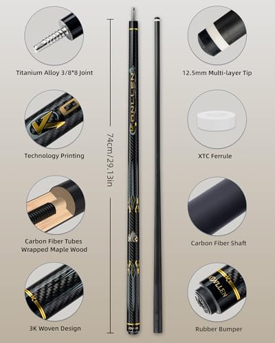 KONLLEN Carbon Fiber Pool Cue Stick 58-inch Professional Pool Sticks for Adults Full Carbon Technology Low Deflection Pool Cue Billiard Cues with 12.5mm Tip (Easy to Control, Pro Taper, Ultra-Smooth) - color: 008 gold