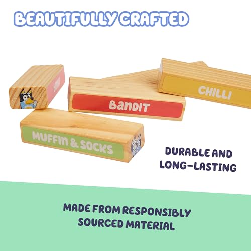 Bluey 8th Wonder Stackable Tumbling Tower Game, Robust Wooden Stacking Game with 54 Illustrated Colored Blocks, Fun Balancing Toy for Kids Ages 3+ - style: Tumbling Tower