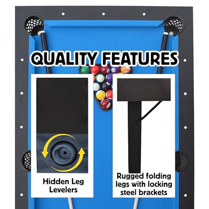 Freetime Fun 6 FT Pool Table, No Assembly, Portable, Includes Billiard Tables Accessories- 2 Pool Cues, Set of Balls, Triangle, Pool Table Brush, Chalk - color: Blue Felt