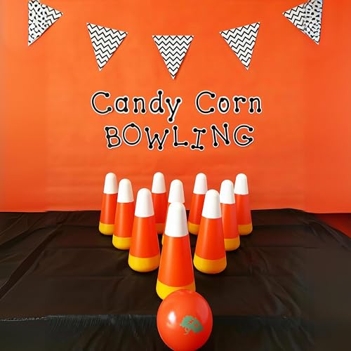 Fun Express Halloween Games for Kids Party - Candy Corn Pumpkin Bowling Set with 6 Pins & Ball | Fall Festival Games for Outdoor Trunk or Treat Activities & Carnival Events | Safe Plastic Design