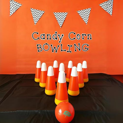 Fun Express Halloween Games for Kids Party - Candy Corn Pumpkin Bowling Set with 6 Pins & Ball | Fall Festival Games for Outdoor Trunk or Treat Activities & Carnival Events | Safe Plastic Design