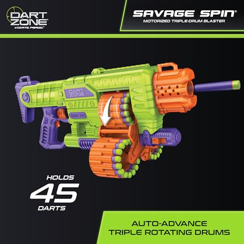 DART ZONE Savage Spin Semi-Auto Foam Dart Blaster – 45-Dart Triple-Drum Motorized Foam Dart Gun – NERF Dart Compatible Soft Bullet Toy Gun for Kids w. 90 Darts – AKA Adventure Force Gun – 80 ft Range