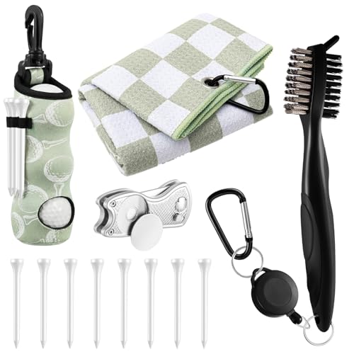 Liliful 12 Pcs Golf Accessories Kit, Include Golf Ball Bag with Hook Towel Tees Magnetic Ball Marker Divot Tool Cleaner Brush for Women Man Gifts - color: Sage Green, style: Checkered