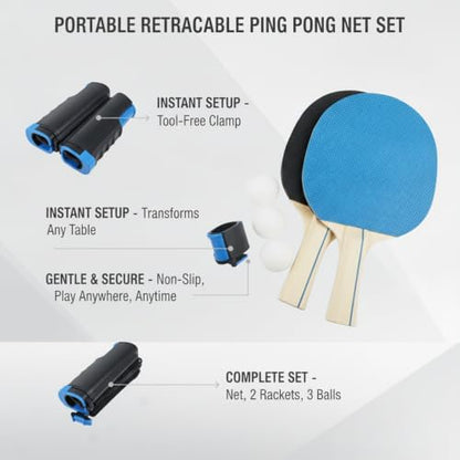 Portable Retractable Ping Pong Net Set with 2 Rackets & 3 Balls, Tool-Free Clamp for Any Flat Table - color: Black