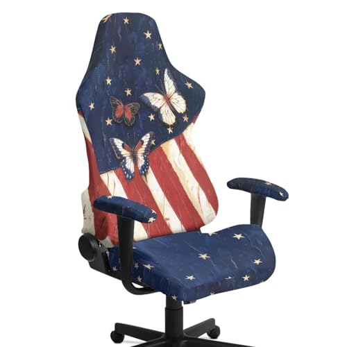 American Flag Print Gaming Chair Covers Slipcovers with Armrest Cover Butterfly Printed 250th Anniversary Decoration Gamer Desk Chair Covers Fits Most Office/PC Chairs & Racing Style Seats - color: Blue and White - American Flag Butterfly