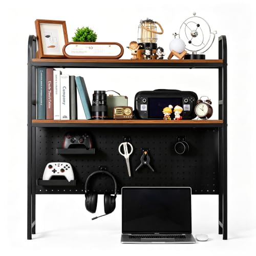 deli Desktop Shelf, Desk Hutch with Grid Panel, Desktop 2-Tier Display Rack, Multipurpose Metal Desktop Bookshelf Storage Organizer, Black - color: Black
