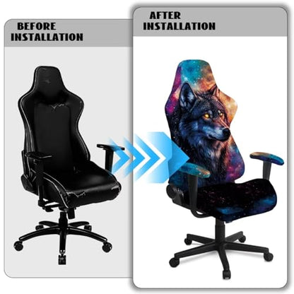 Wolf Galaxy Print Computer & Gaming Chair Slipcover Dust-Proof Elastic Game Chair Cover with Armrest Covers Easy to Install Universal Fit Office Desk & Racing Computer Gamer Chairs - color: Multi - Wolf Galaxy