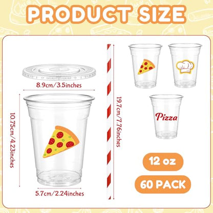 Newtay 60 Pcs 12oz Pizza Party Disposable Cups Bulk Pizza-themed Plastic Cups with Lids Straws Italian Party Favors for Birthday Baby Shower Decorations - style: Pizza